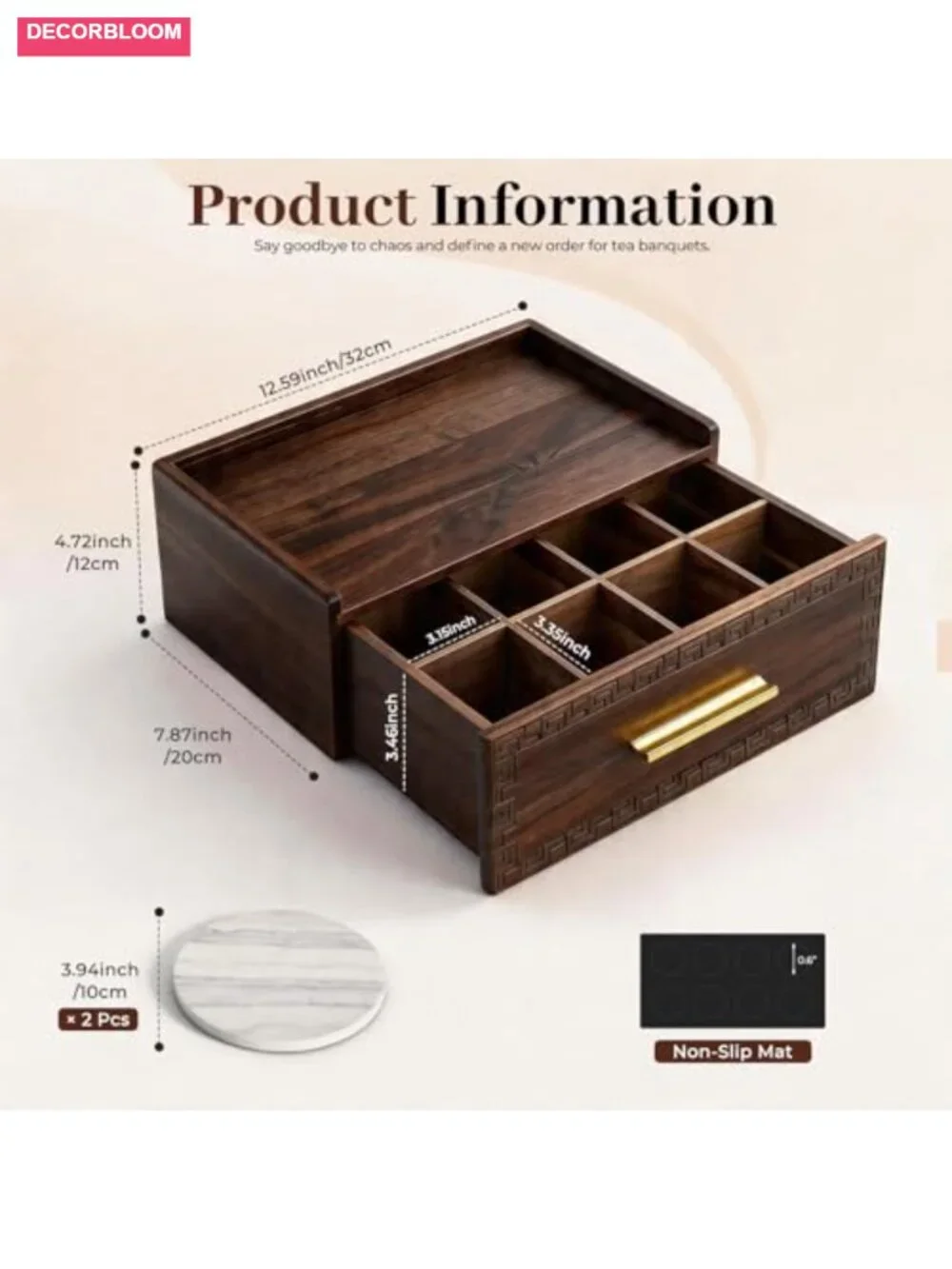 Acacia Wood Tea Bag Organizer with Drawer, 8 Compartments, 2 Coasters